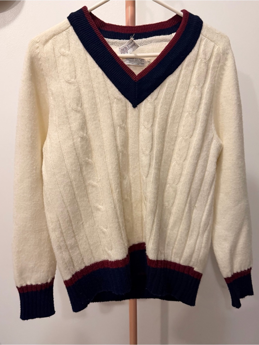 Cream V-Neck Cable Sweater with Navy & Burgundy Trim